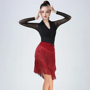 Wear 1pcs / lot femme Tassel Latin Dancing Jirt Lady Solid Patchwork Cha Tango Fringe