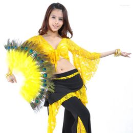 Desgaste de la etapa 1 UNIDS / SET Performance Property Dance Fans 68x35cm Mujeres Peacock Feather Belly Fan Velos Props 10 colores