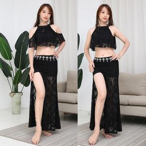 Wear 1set / lot femme Belly Dancing Lace Costumes Girl Sexy Sexy Solid Top et Split Jirt Performance