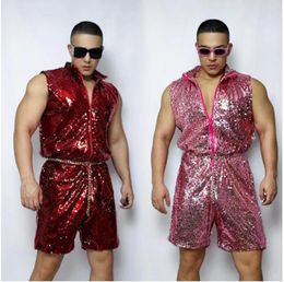 Stage Wear 2 Couleurs Paillettes Combinaison Adulte Mâle Discothèque Gogo Dancer Outfit Muscle Man Hip Hop Vêtements De Danse Body Sans Manches