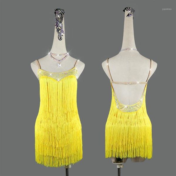 Stage Wear 2021 Femmes Robe De Danse Latine Jaune Jupe À Franges Haut De Gamme Personnalisé Adulte Et Filles Spectacle Compétition Costume Professionnel Cl248j