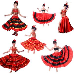 Wear 2022 Satin de haute qualité Soft Red Black Girls Girls Espagnol Flamenco Jupe Bling Bling Balroom Performance Robe