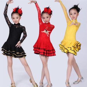 Stage Wear 2022 Lace Est Sexy Ballroom Jurken Tango Salsa Latin Dance Dress Children Red Black voor meisjes lange mouw271x