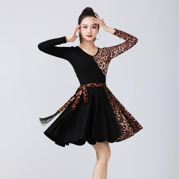 Stage Wear 2023 Adulte Femmes Robe De Danse Latine Automne Et Hiver Robes À Manches Longues Taille Ceinture Léopard Vêtements Salle De Bal Rumba Dancewear