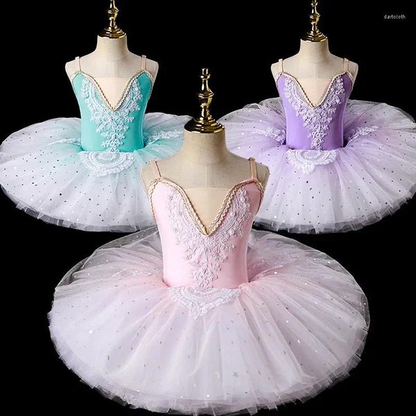 Stage Wear 2023 Ballerina Fairy Prom Party Costume Enfants Bleu Paillettes Fleur Robe Filles Danse Gymnastique Ballet Tutu