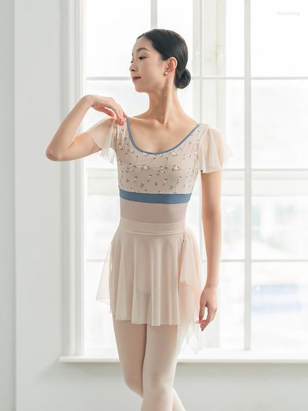 Stage Wear 2023 Justaucorps de ballet avec manches volantes en maille broderie ballerine rose justaucorps pour filles maillot de bain de gymnastique