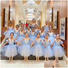 Stage Wear 2023 Robe de ballerine bleue Filles Jupe de ballet Longue danse pour enfants Femmes Performance Costumes Drop Livraison DHFJT