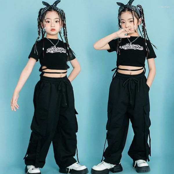 Ropa de escenario 2023 niños Jazz danza moderna Rave ropa para niñas negro Crop Tops Cargo pantalones traje Streetwear Hip Hop ropa DQS12933