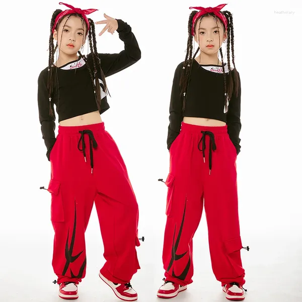 Stage Wear 2023 Enfants Jazz Costumes de danse moderne pour filles Noir Crop Tops Pantalons Cargo Rouge Costume Hip Hop Vêtements DN16396