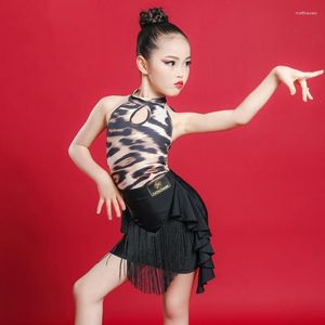 Vêtements de scène 2023 enfants vêtements de danse latine léopard hauts gland jupe 2 pièces ensembles pour filles Latino compétition Costume DL6141