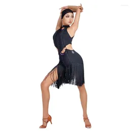 Stage Wear 2023 Femme Latin Dance Slip Robe Noir Fringe Sans Manches Latino Performance Dancewear Cha Samba Rumba Costumes DL339