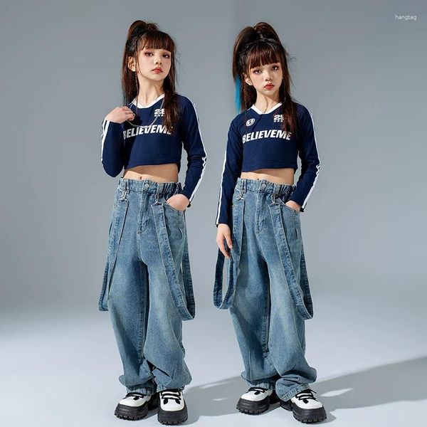 Ropa de escenario 2023 Girls Jazz Dance Ropa Mangas largas Crop Tops Jeans sueltos Hip Hop Niños Práctica Rendimiento Ropa Traje de moda BL12187