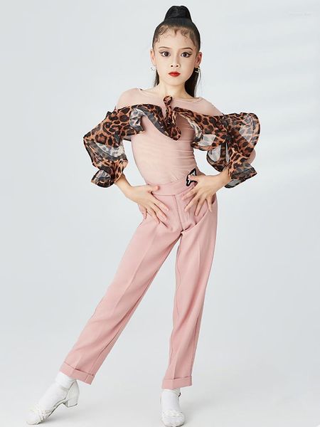 Ropa de escenario 2023, ropa de baile latino para niñas, Tops rosas de leopardo, pantalones, vestido de salón de práctica Cha para niños, traje DNV17641