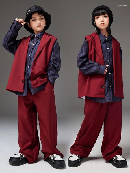 Ropa de escenario 2023 trajes de baile de hip hop para niños chaleco rojo pantalones sueltos traje niñas jazz baile rendimiento ropa niños streetwear dqs14749