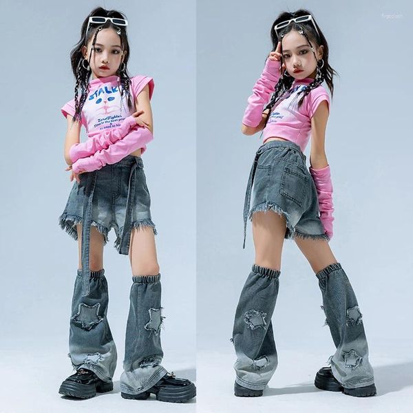 Stage Wear 2023 Costumes de danse Hip Hop pour filles Rose Crop Tops Jeans Set Enfants Jazz Performance moderne DQS14064