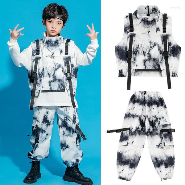 Ropa de escenario 2023 Trajes de rendimiento de danza de jazz para niños Chaleco suelto teñido con corbata Pantalones Hiphop Niños Hip Hop Rave Ropa DQS11592