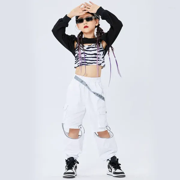 Stage Wear 2023 Costumes de performance de danse jazz pour enfants noirs hauts courts pantalons blancs amples costume filles vêtements hip hop DQS8212