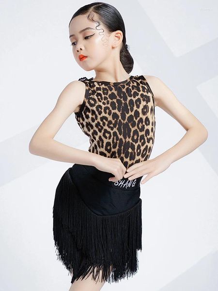 Etapa desgaste 2023 niños trajes de baile latino leopardo tops falda con flecos negros niñas practican traje de entrenamiento samba cha vestido de baile BL5620