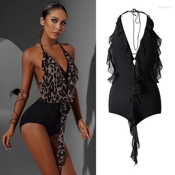 Ropa de escenario 2023, ropa de baile latino para mujer, Tops de cuello Halter de verano, mono con volantes para adultos, ropa de actuación de salón de Rumba DNV18007