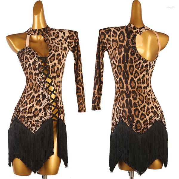 Etapa desgaste 2023 vestido de baile latino para mujeres de manga única estampado de leopardo con flecos femenino adulto chacha rumba trajes de rendimiento