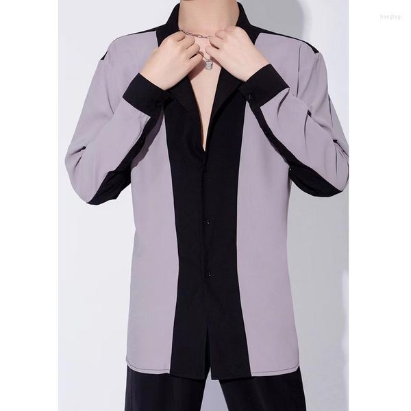 Vêtements de scène 2023 chemises de danse latine pour hommes noir haut rayé Chacha Rumba Tango robe salle de bal pratique vêtements DN12055