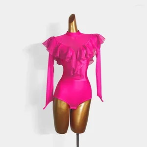 Wear 2023 Patchwork en maille à manches longues BodySuit de danse latin costumes de performance féminine sexy Cha Samba Rumba T061