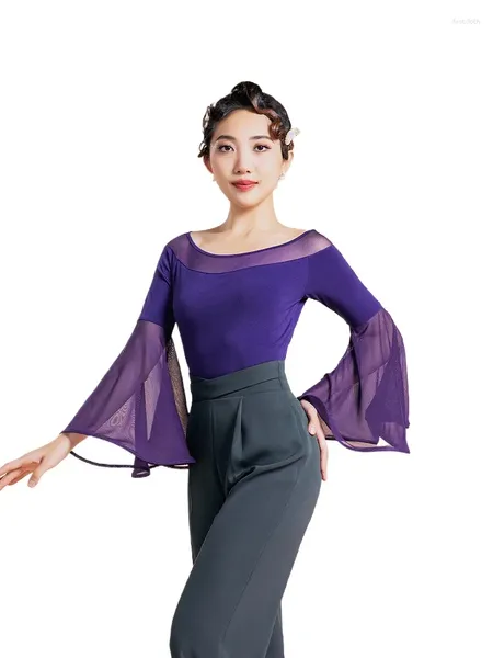 Stage Wear 2023 Haut de danse moderne Femme Été Trompette Manches Combinaison Ballroom Pratique Justaucorps L1249