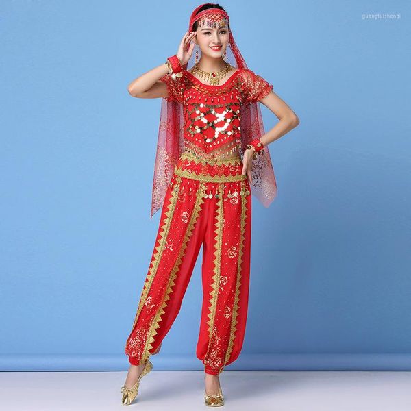 Etapa desgaste 2023 Sari Dancewear Mujeres Traje de danza del vientre Conjunto Disfraces Trajes de Bollywood (Top Cinturón Pantalones Velo Horquilla)