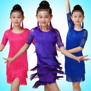 Stage Wear 2023 Été 100-160cm Fille Enfants Fringe Gland Jupe Robes Latines Pour Salle De Bal / Salsa / Tango Show Danse Violet / Bleu / Rose