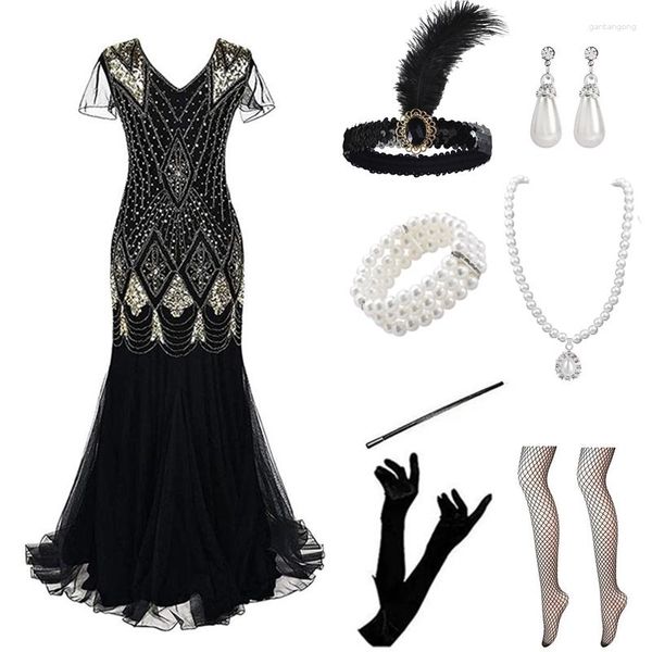 Desgaste de la etapa 2023 Vestido de fiesta de la vendimia Robe Femme 1920s Gran Gatsby Flapper Sequin Mujeres Midi Vestido de verano Art Deco Retro Lady