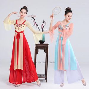 Stage Wear 2023 femmes danse traditionnelle ensemble chinois National Floral maille hauts pantalons réservoirs gaze danseuse pratique fée Vintage robe