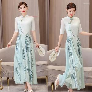 Vêtements de scène 2023 femmes Vintage danse robe fée Costume chinois traditionnel ancien bambou imprimer Qipao hauts pantalons ensemble Folk