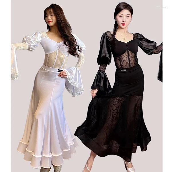 Wear 2024 Robe de danse de salon Femme Femmes Puffes Black White Lace Tops Jupe Prom Waltz Vêtements Performance Costume BL12274