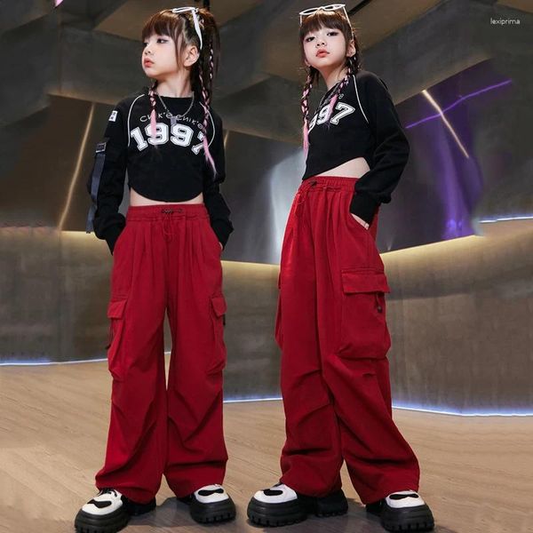 STATA Wear 2024 Black Crops Tops Red Cargo Pants traje Girls Jazz Dancing Outfits Children Ballroom Hip Hop Dance Performance DQS14308