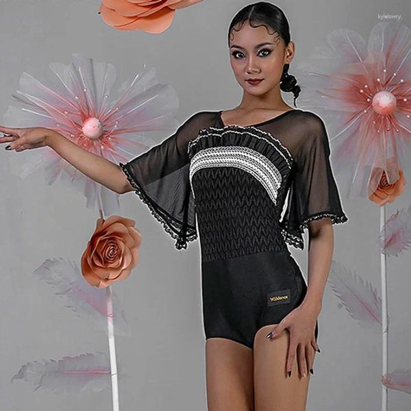 Wear 2024 Black Latin Dance Tops Femme Summer Waltz Vêtements de bal à manches courtes Bodys Standard Shirt Adult DNV17504