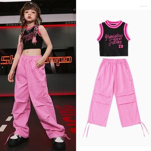 Stage Wear 2024 Enfants Street Dance Hip Hop Vêtements pour enfants Gilet noir Pantalon cargo rose Costume Filles Jazz Performance DQS13356