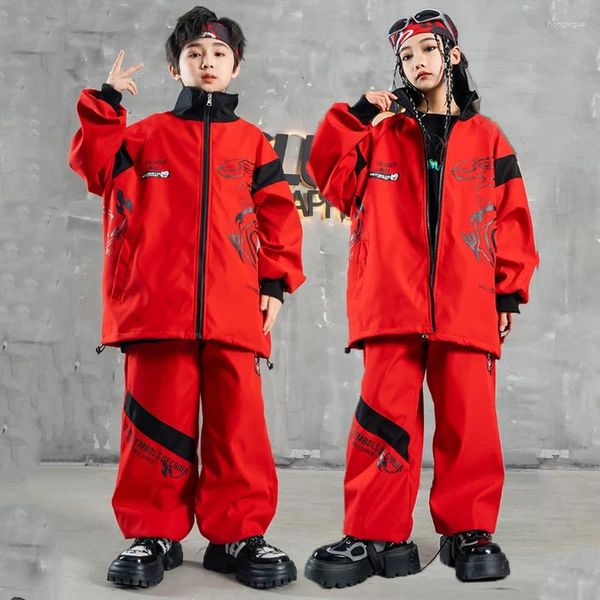 Stage Wear 2024 Style chinois Rouge Lâche Veste Hiphop Pantalon Costume pour enfants Jazz Dance Performance Filles Hip Hop Vêtements DQS15271