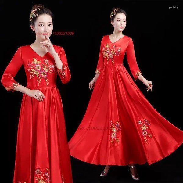 Etapa desgaste 2024 chino tradicional princesa vestido hanfu flor nacional bordado con cuello en v coro rendimiento vestido de noche