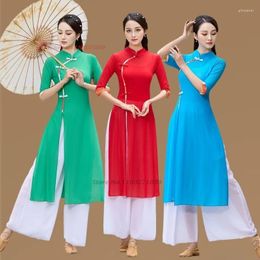 Stage Wear 2024 China Vintage Folk Dance Performance Mesh Mesh Qipao Pantalones elegantes