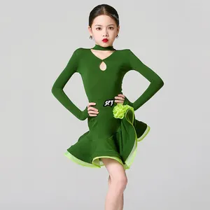 Wear 2024 Fashion Long Manchet National Standard Latin Dance Professional Robe For Girls Samba Chacha Green XS7687