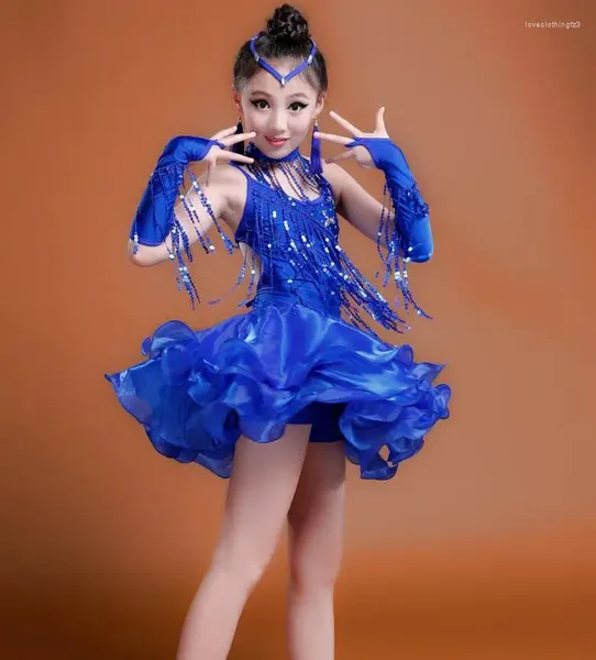 Etapa desgaste 2024 niñas azul rojo profesional vestido de baile latino niños salón de baile salsa trajes de baile trajes de fiesta para niños