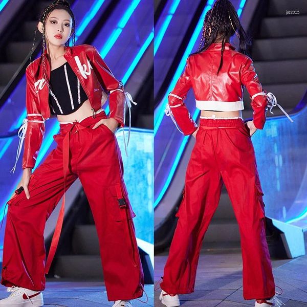 Stage Wear 2024 Filles Jazz Dance Performance Costumes Veste en cuir rouge Cargo Pantalon Costume Enfants Hip Hop Rave Vêtements DN16884