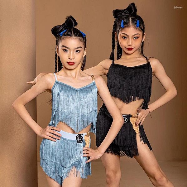 Wear 2024 Girls Lacteurs de danse latine Tassel Tops Jupe Split Suit Black Bleu Fringe Competition COMPECHING CHA RUMBA ROBE BL12936