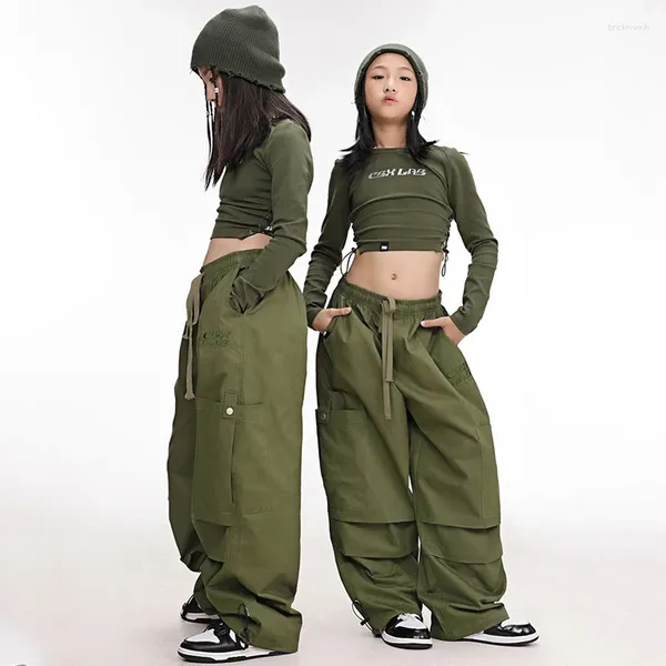 Stage Wear 2024 Vert Crop Tops Pantalons amples Costume pour enfants Jazz Costumes de danse moderne Filles Hip Hop Danse Performance DQS14930