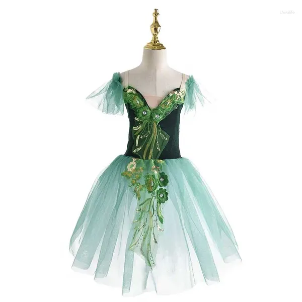 Etapa desgaste 2024 verde romántico ballet tutú vestido para adultos competencia profesional giselle bailarina mujer traje falda larga