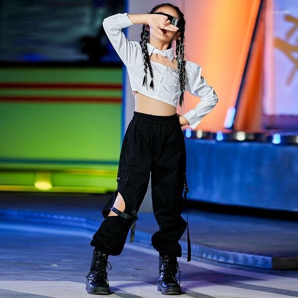 Stage Wear 2024 Costumes de danse Hip Hop pour enfants Blanc Crop Tops Pantalons Cargo Streetwear Filles Jazz Performance moderne DQS15644