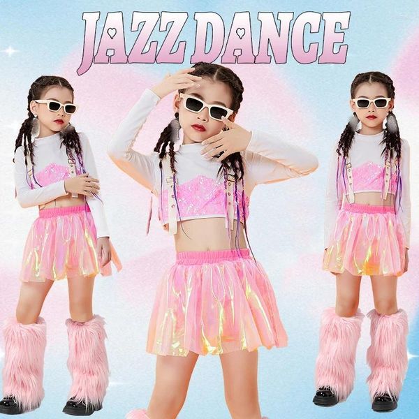 Etapa desgaste 2024 trajes de baile de jazz para niños chaleco de lentejuelas faldas rosadas traje niñas salón de baile hip hop ropa de rendimiento DQS15308