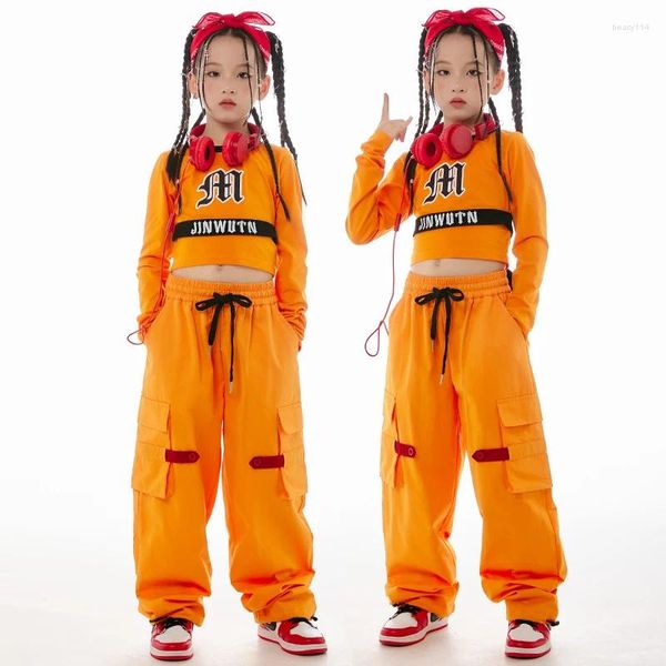 Escenario desgaste 2024 trajes de baile de jazz para niños naranja crop tops pantalones sueltos traje niñas salón de baile hip hop ropa de rendimiento DN16497
