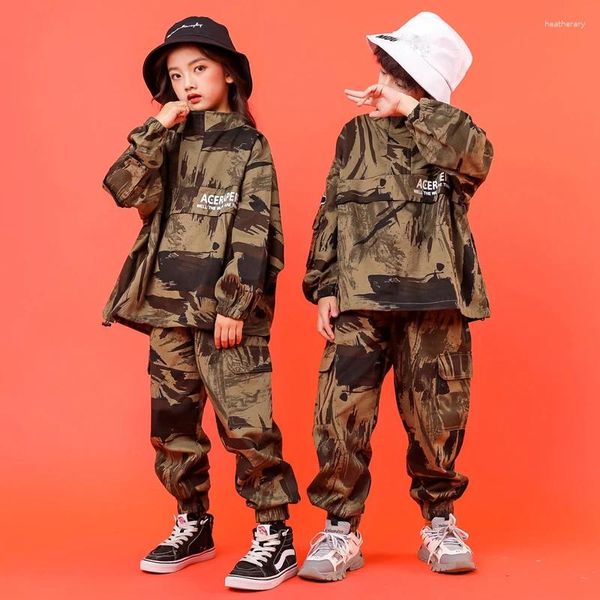 Escenario desgaste 2024 niños hip hop trajes de baile camuflaje trajes sueltos para niñas jazz moderno rendimiento ropa niños streetwear