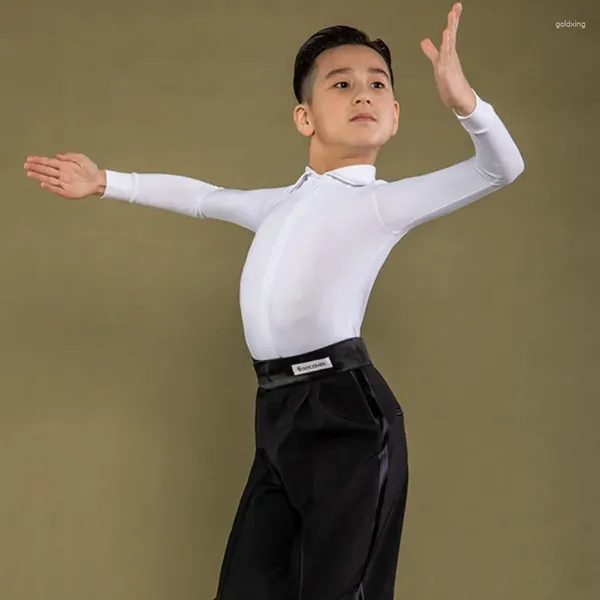 Stage Wear 2024 Enfants Latin Ballroom Costume de danse Chemise blanche Garçons Compétition Tops Professionnel Cha Tango Vêtements de danse